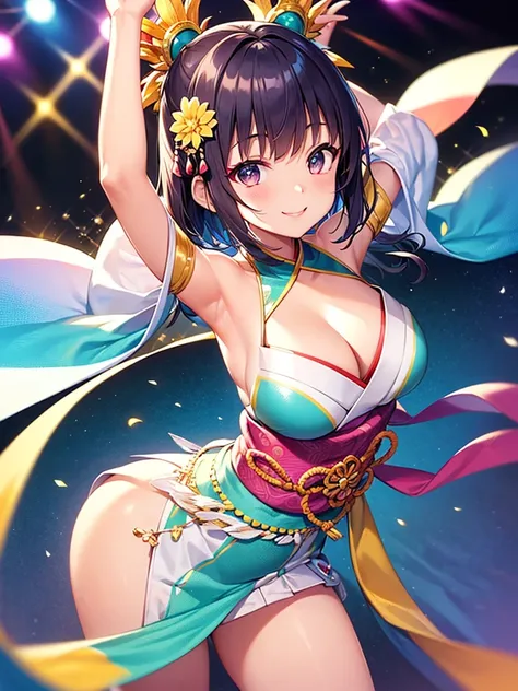 Masterpiece, super high quality anime style illustration. Rio de Janeiro Samba Carnival, ((One Japanese Samba Dancer)), ((One very cute girl)), ((Smiling and dancing)), colorful hair, bob, short. Dark eyes, perfect makeup. Waist up close shot, arms raised ...