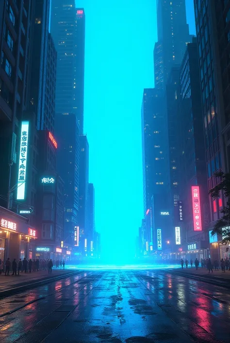 (Glitch Art), holographic, interdimensional blue distortion space on the center of cyberpunk street city