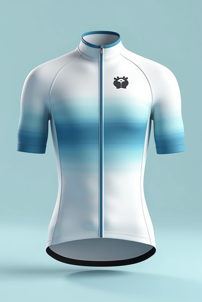 Design a cycling jersey with the latest fashion designs,  with the colors white and light blue, The image must contain the front and back view of the jersey , and must contain on the back the logo of a guinea pig and on the front the logo of an achira
