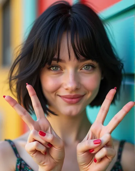 RAW photo, best quality, masterpiece, ((photorealistic)), Polish girl, 20 years old, black hair, Light grey eyes, short bob cut, hair in 7 thirds, hair over one ear, Symmetrical eyes, Detailed Skin, Detailed face, Detailed hands, Big Breasts, rip gloss, Ph...