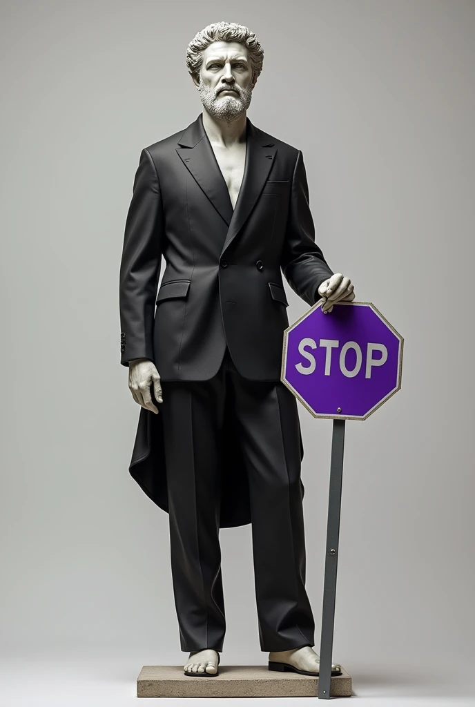 Greek statue dressed in a black suit with purple dethales holding a traffic sign that says STOP