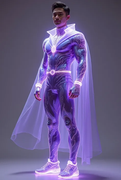 full full body photorealistic handsome hunky fractal masculine Teen titans  umbamancer.. wearing Violet quartz transparent crystal chrome glass super suit , with belt and gloves..look at camera, detailed face parts,, studio as background, Freestyle Pose, H...