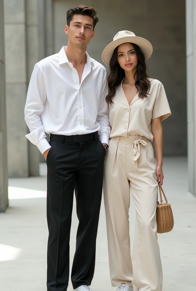 20 years old a handsome guy wore white shirt and deep black hammer pants and his girlfriend wore plain Co-ord Set and a cute hat front photo 