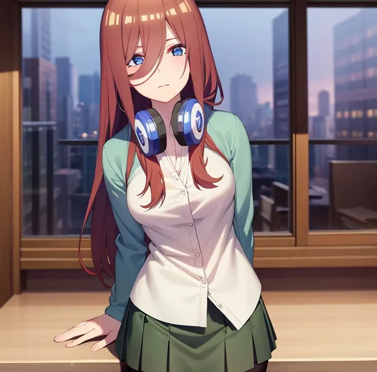 mikunakano, miku nakano, long hair, bangs, blue eyes, brown hair, shirt, hair between eyes, headphones, cardigan, headphones aro...