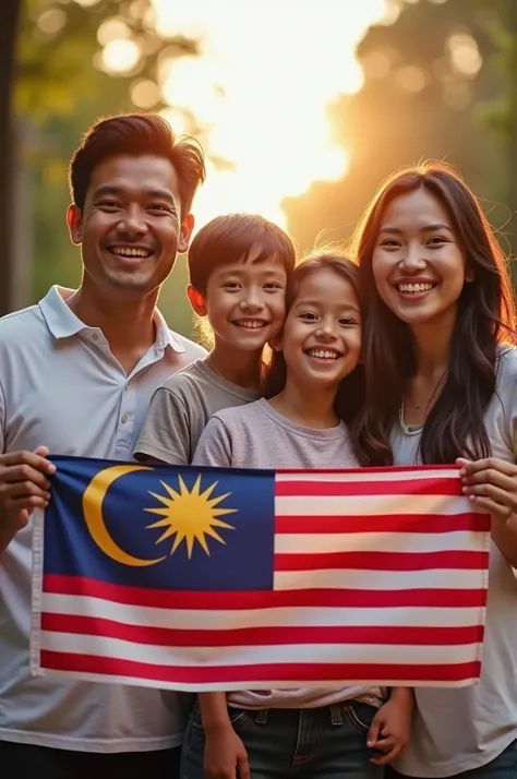 2. **A joyful family standing together, each member holding the Malaysian flag, in a National Day-themed image.**