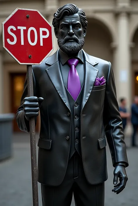 Greek statue dressed in a black suit with purple details holding a traffic sign that says STOP