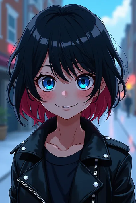 Girl about 1, Boku no hero academia style, black hair with medium dark red tips, blue eyes, half macabre smile, leather jacket.
