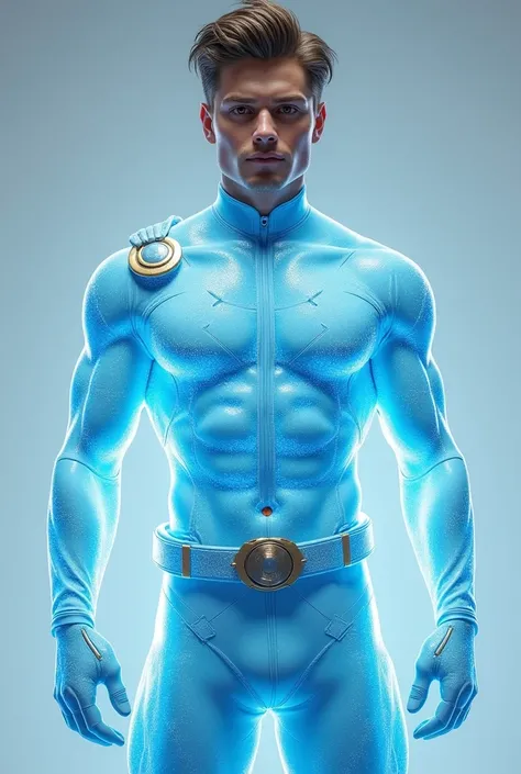 full full body photorealistic handsome hunky fractal masculine Teen titans  cryomancer.. wearing very light powder blue quartz transparent crystal chrome glass super suit , with belt and gloves..look at camera, detailed face parts,, studio as background, F...