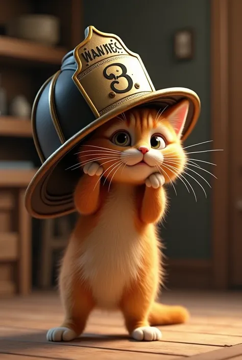 Visualize Whiskers struggling to lift a large fire helmet that’s too big for him, with the helmet tipping over and making him stumble make it 3D and realistis 