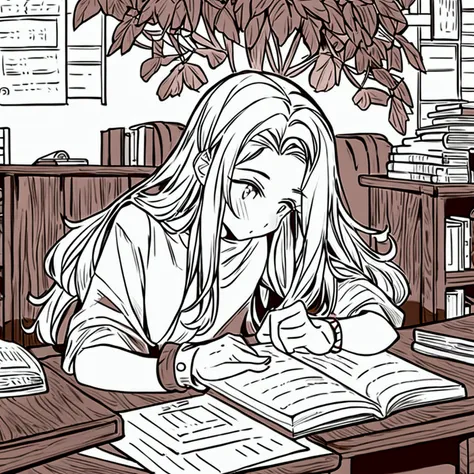 a college girl with medium-length wavy hair, studying at a desk while doing his university thesis listening to music