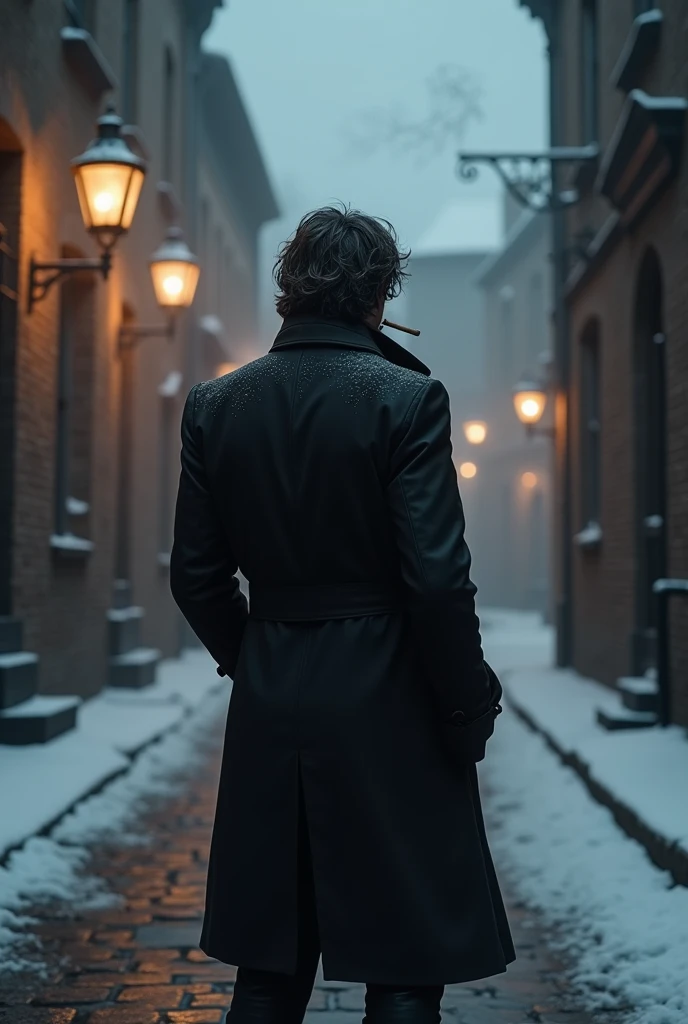 Man with medium-length, unkempt hair in a black trench coat with his back turned on a snowy 18th century street smoking a cigar 