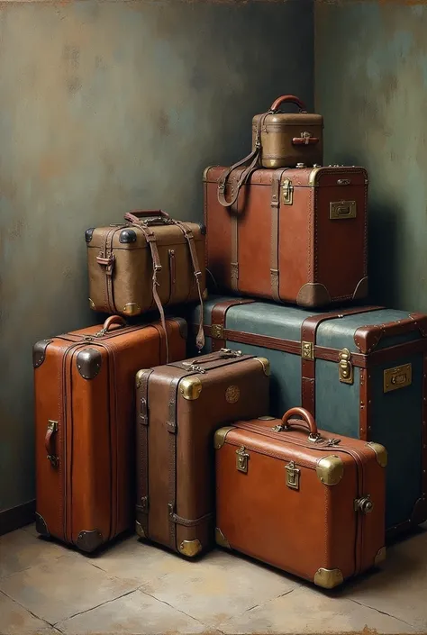 There is an oil painting in which luggage is shown