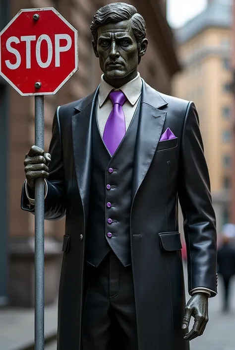 Greek statue dressed in a black suit with purple details holding a traffic sign that says STOP