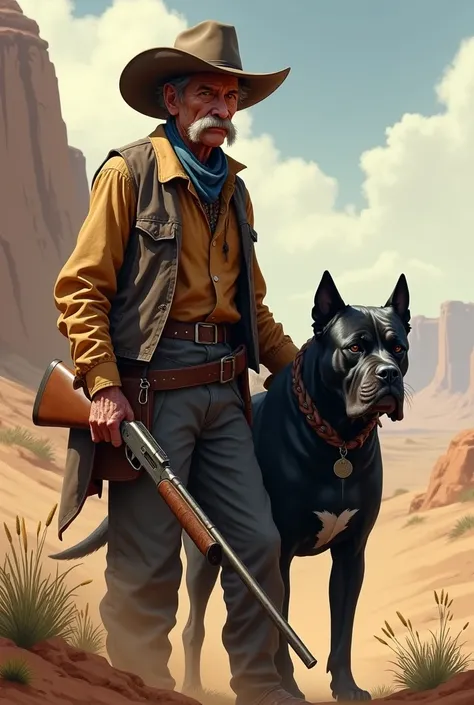 An elderly man, very thin and with a big mustache, some scars on the face.
in the old west, in a hot and deserted environment.
Wearing old clothes, a large hat with a wide brim.
With him a dog, a large all black bulldog, with a threatening face.
He holds a...