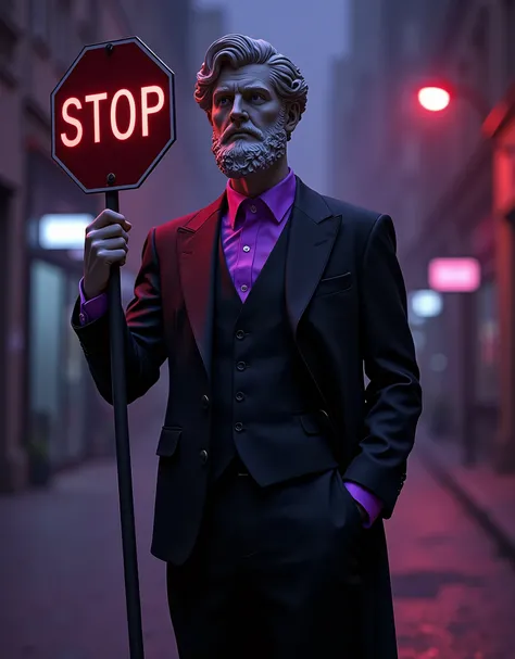 a greek statue dressed in a black suit with purple details, holding a stop sign, masterpiece, photorealistic, 8k, cinematic lighting, dramatic shadows, intricate details, high contrast, rich colors, surreal, conceptual art