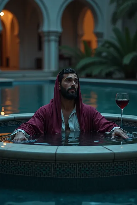 Apparently Arab man with simple wine-colored cape , beard very fair, thin and cut short, is taking a bath in a round fountain at night, he relaxes his arms resting on the edge, where is there a glass of wine