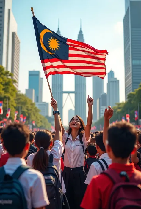 At klcc with a group of students , family are holding a flag to celebrating independence days .aspect ratio 16:9