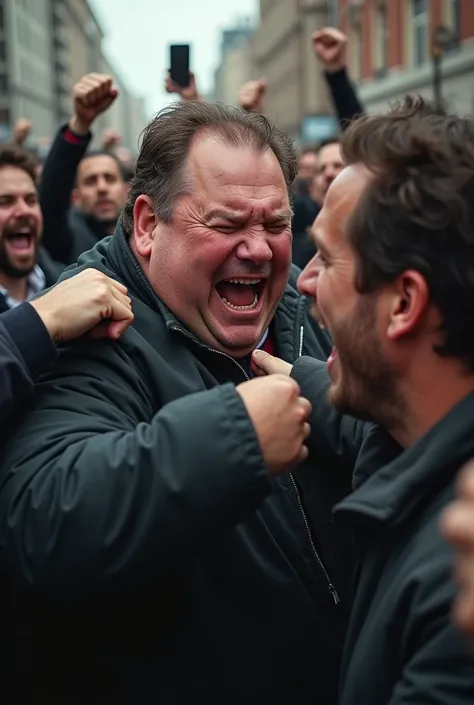 Doug Ford being punched in the face while a crowd cheers in the background.