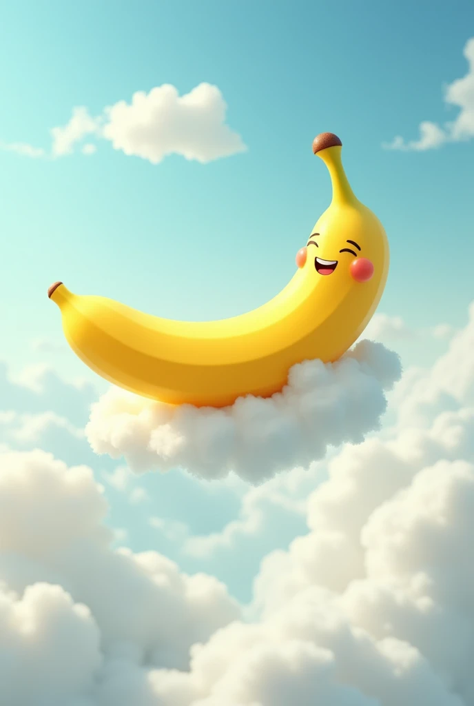 a live banana flying on a cloud it is happy