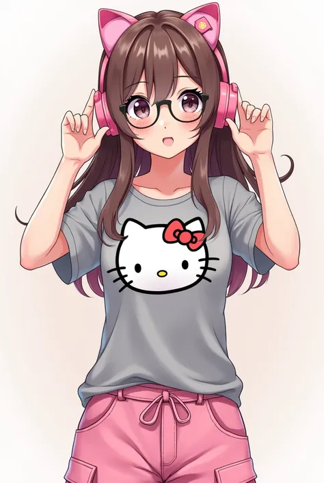 (preteen female anime character long brown hair pink cat headphones black glasses grey hello kitty shirt pink cargo pants 