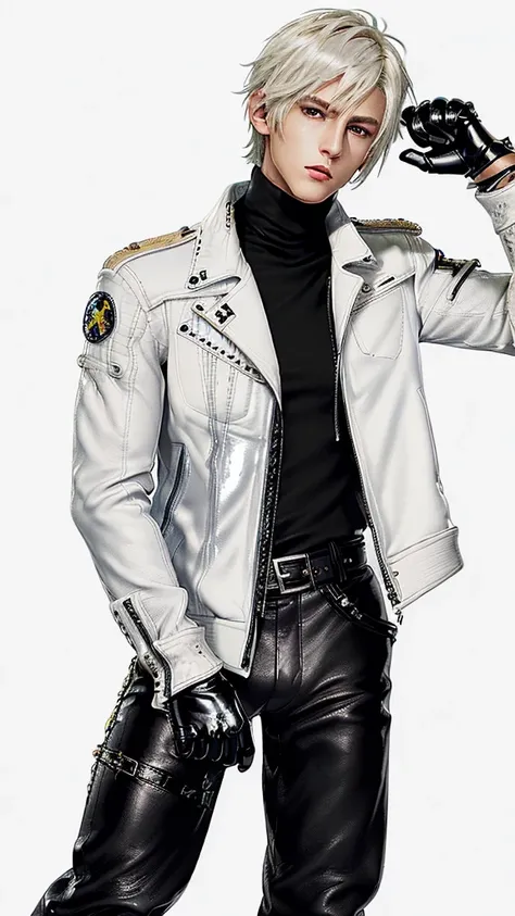 Final fantasy taste and reality graphics, Japanese young cute and cool ikemen  boy, his age is early 20s, thin eyebrows and beady eyes,  (((he wearing off white color single-brest leather jacket and with epaulet))), ((leather jacket close all zippers)) , (...