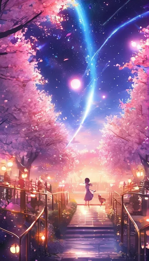 masterpiece, Concept Art, Panorama, in the center, shape, Wide Shot, garden, night, (meteor), Space galaxy background, (Great composition, Epic scale), Dynamic Lighting, Bright colors, cherry blossoms,1 Girl,Glowing light particles、heart、heart、love affair