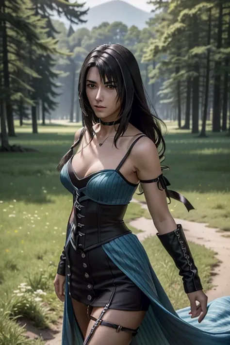 ((ultra detailed, masterpiece, best quality)) FF8Rinoa, 1girl, solo, single braid, blue eyes, black hair, black hairband, black choker, medium Breasts hanging, black corset strapless sexy,
