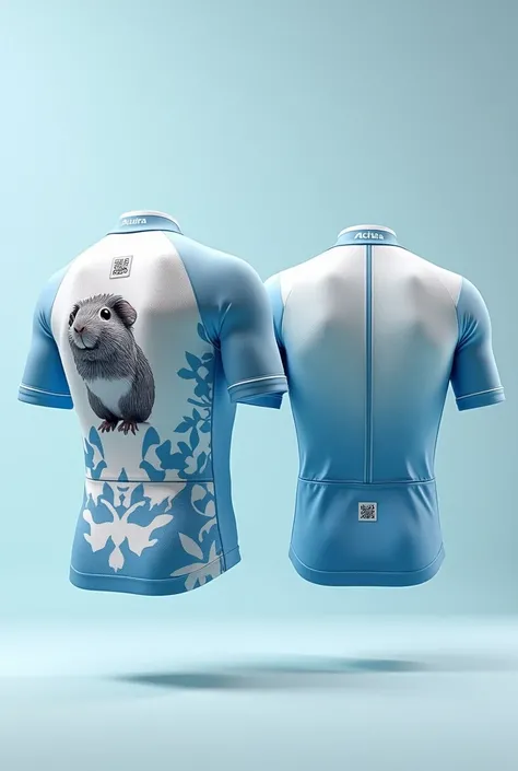 Create a cycling jersey with the latest fashion designs,  with the colors white and light blue, The image must contain the front and back view of the jersey , and must contain on the back the logo of a guinea pig and on the front the logo of an achira
