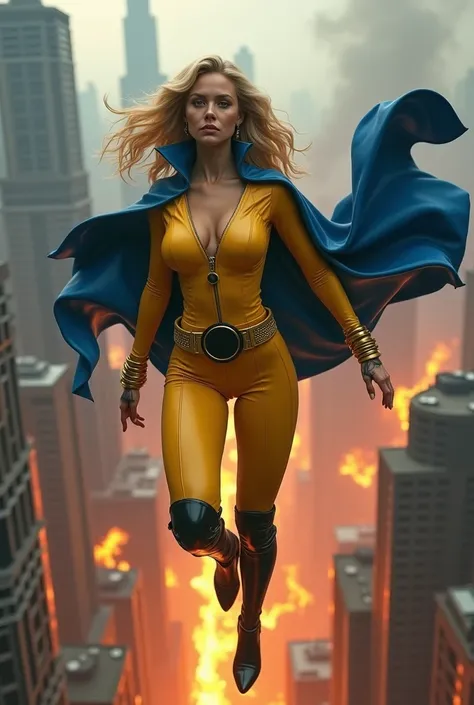 A beautiful blonde woman wearing a yellow leather jumpsuit Yellow corset with a blue cape This outfit has a belt with a large round black plate Gold colored bracelets Black tight boots up to her knees Sexy outfit Flying over the city Skyscrapers and buildi...