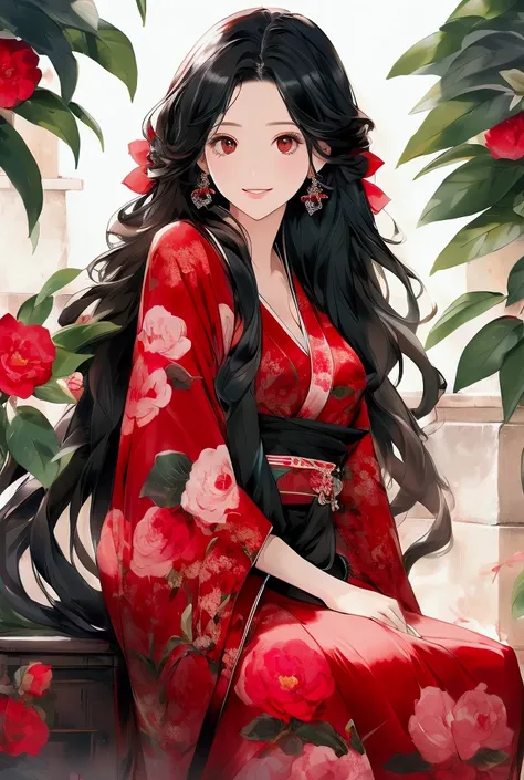 One girl, High resolution,solo, One girl, High resolution, Long Hair, smile, Personification of camellia、Black Hair、kimono、Bright red camellia、Dim