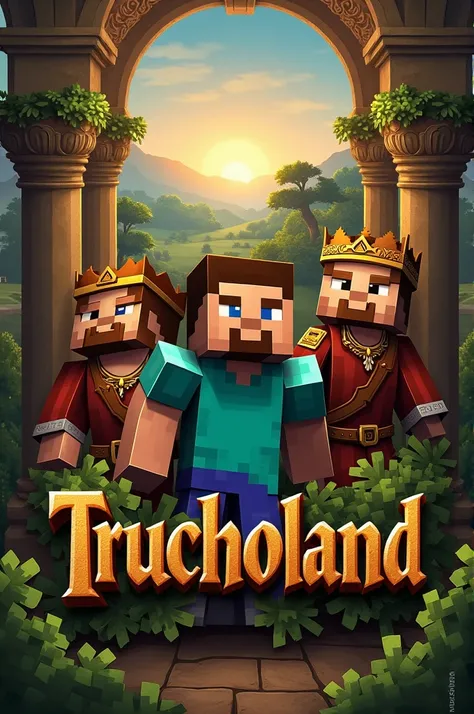 Making a Minecraft-style logo using the Renaissance technique, in the image that is the name trucholand,put minecraft characters 