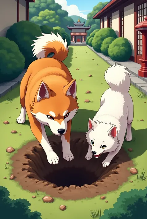 Akita inu and Japanese spitz digging a hole