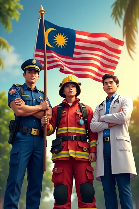 **A police officer, firefighter, and doctor proudly standing together, holding the Malaysian flag, in a National Day-themed image.**