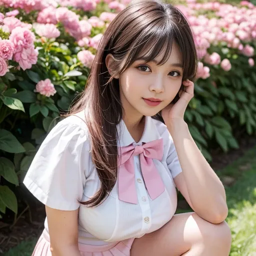 Pink short pleated skirt, in the flower field，Wearing a white sailor suit，white shirt，(knee shot) ,pink bow tie，Pink navy collar，1 female, On the face, laughing out loud, light brown hair, blunt bangs, hair behind ears, Shoulder-length hair, long hair, Sle...