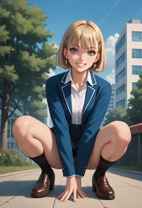 masterpiece,beautiful,detailed,best quality, expressive eyes, perfect face,Hands-On-Waist,((full_body)),sexy,schoolgirl,1girl, blonde_hair, jewelry, earrings, solo, blue_eyes, smile, looking_at_viewer, short_hair, jacket, outdoors, school_uniform, star_ear...