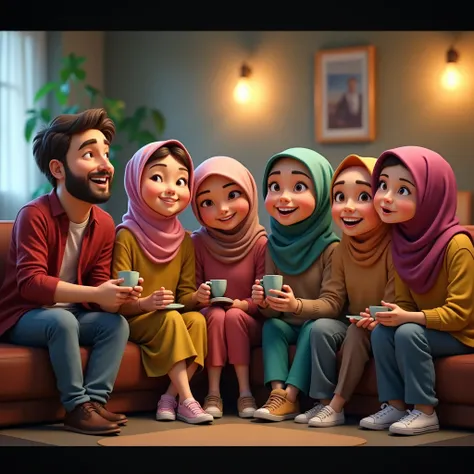 ((3 man sitting) and (3 hijabbed woman)), caricaturized, cute face, casual fashion, fantasy art, happy expression, extreme detail, masterpiece, cinematic lighting, 4k, indoor background