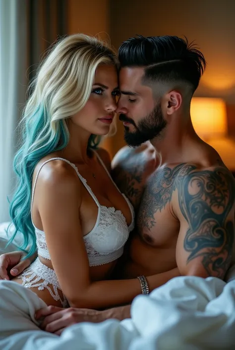 vivid, hd, zoomed out, a gorgeous smiling, Caucasian woman, long blonde hair with blue ends, blue eyes, beautiful makeup and contour, tattoos, laying down seductively on a bed, wearing lingere, kissing a handsome Caucasian man with jet black hair with skin...