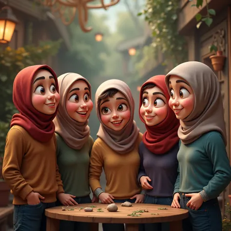 ((3 man sitting) and (3 hijabbed woman)), caricaturized, cute face, just concentrate, casual fashion, fantasy art, happy expression, extreme detail, masterpiece, cinematic lighting, 4k, indoor background