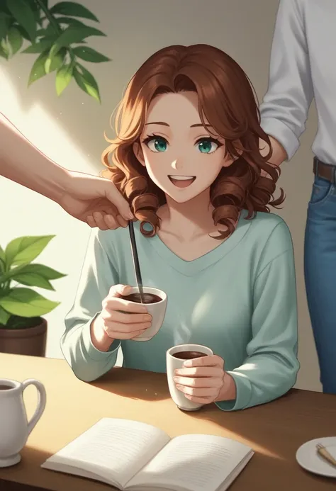 - Scene: A cozy café with a warm atmosphere, featuring three characters—two women and one man—engaging in conversation at a table.

- Character A (Woman):
  - Appearance: Long, straight, jet-black hair, dark brown eyes, wearing a light blue blouse and blac...