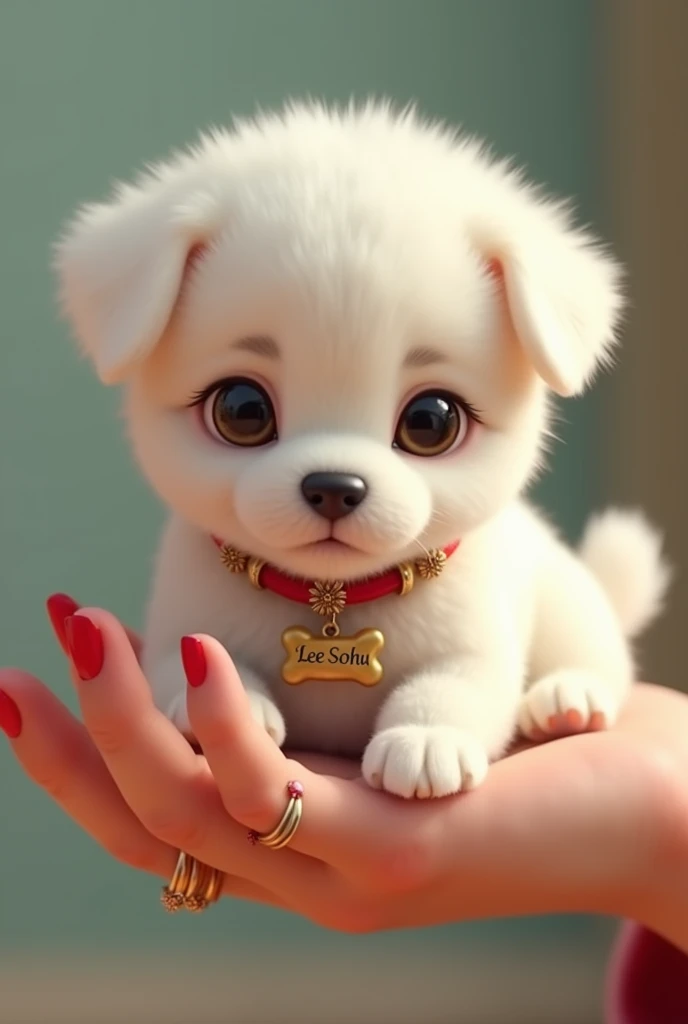 Create an image in the form of an animation, of a white puppy dog with slanted eyes like Korean, with a bone necklace with Lee Sohu&#39;s name on it, the little dog lying on one hand with red painted nails and a gold ring on the index finger and one on the...