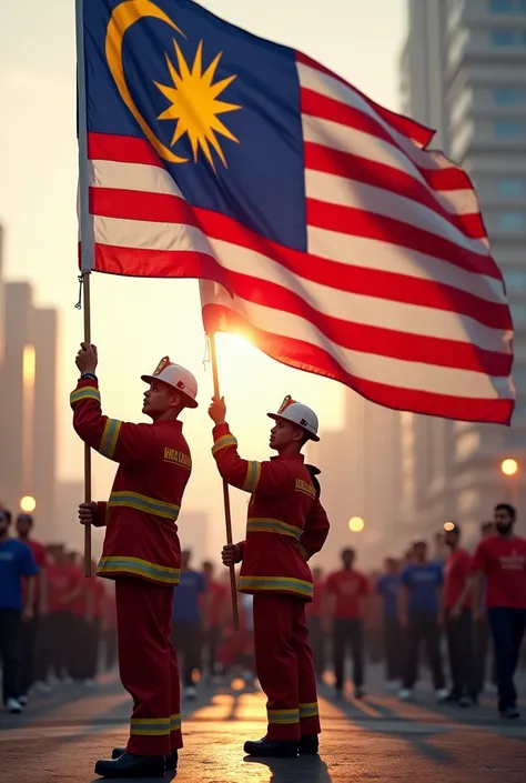 Firefighters holding national flag on Malaysia National Day