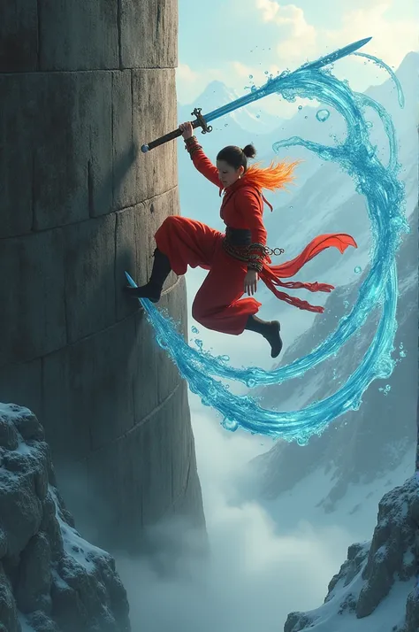 A fire ninja with a water sword climbing the wall