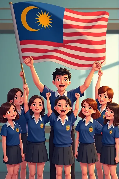 2. **A group of students and their teacher in a school setting, all holding the Malaysian flag, with a National Day theme.**