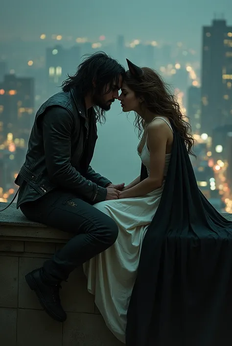 Man with long black messy hair down to the shoulder , black rock pants and a leather jacket. 
WOMAN wolf with long unruly brown hair and a simple white dress down to her knees,  and black cape, she with yellow eyes , he tries to kiss They are sitting on th...