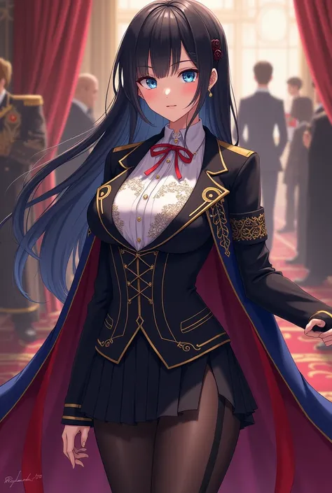 ANIME GIRL
 NOBLE WOMAN WITH BLUE EYES, BLACK HAIR, DREESING A 
ANIME GIRL NOBLE WOMAN WITH BLUE EYES, BLACK HAIR, DREESING For girls:
Blouse:
Main color: Black.
Details: Royal blue and ruby ​​red embroidery on the collar and sleeves. The collar may have a...