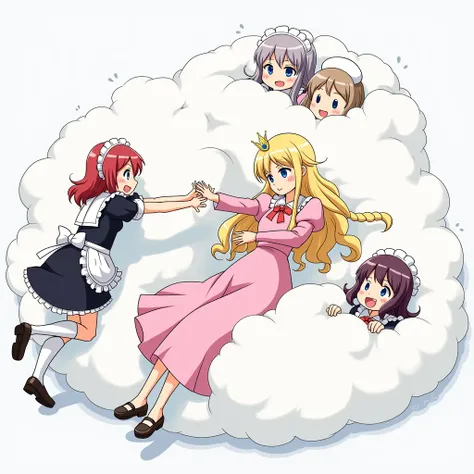 An anime-style illustration depicting maids and princess playfully wrestling with each other inside a pink comical fight cloud (dust cloud).
each maid has different  colored hair.one princss with blonde long braided and blue-eyes and pink-dress.
their face...