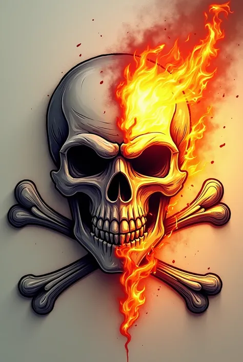 Create an image of the Whitebeard Pirates tattoo, where half of the tattoo is depicted as normal, and the other half is engulfed in flames. The flames should appear dynamic, as if theyre actively consuming that side of the tattoo, with bright, intense colo...