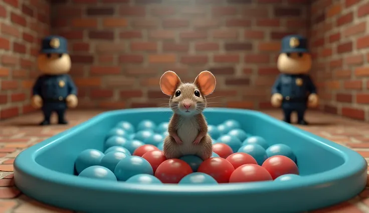 "A room with brick walls and inside the room is a swimming pool. The swimming pool is filled with small blue and red balls. On top of the balls, there is a mouse looking directly at me. In one corner of the swimming pool, there are two small cartoon-sized ...