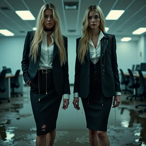 A dramatic photograph taken in an office setting features two different slender business ladies, each with a model appearance, blonde and brunette stand in flirty poses on the muddy floor. Their very long, straight hair is disheveled, stained in liquid mud...