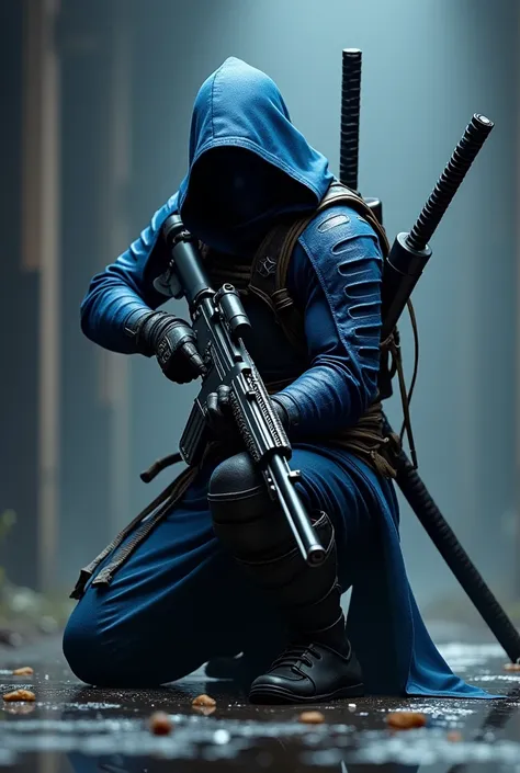 A blue and black samurai fused with a ninja with katanas on the back  on a kneeling pose aiming with a rifle 